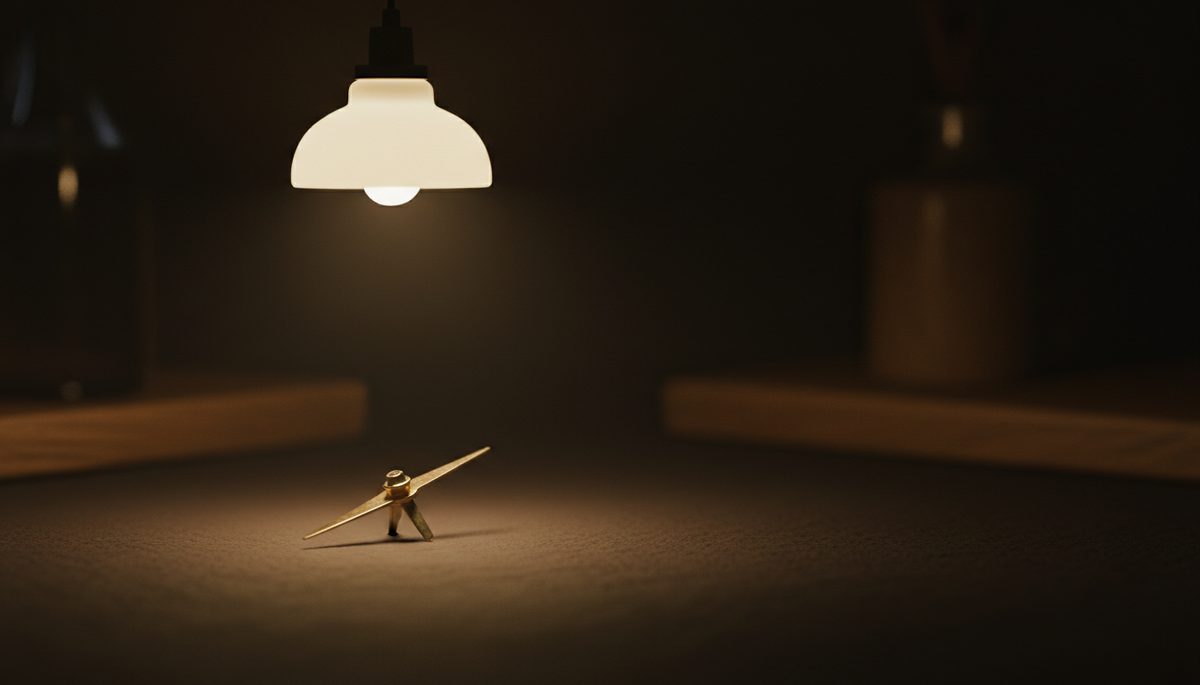 A compass needle resting steady under a single light