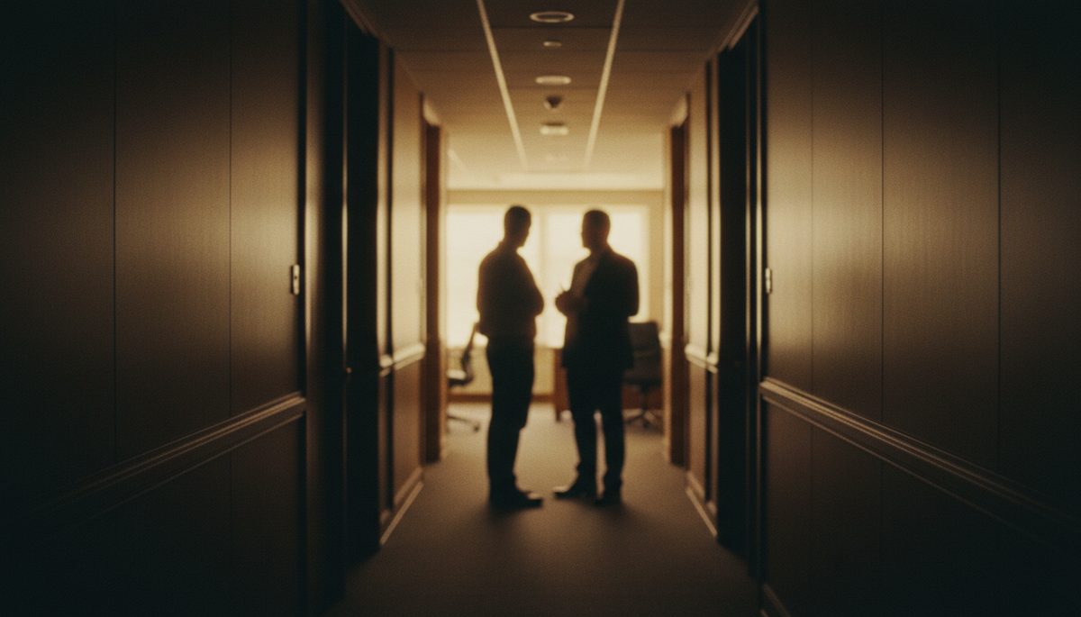 Two blurred figures talking in an office hallway