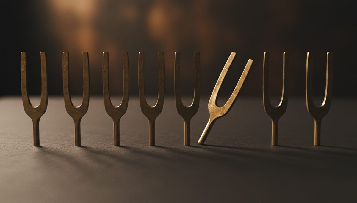 A row of brass tuning forks, one leaning out of alignment