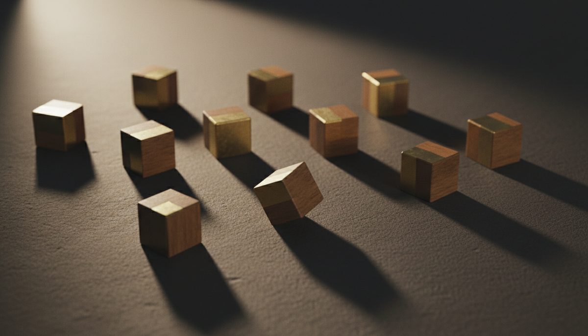 Ten small blocks scattered and unconnected on a dark surface
