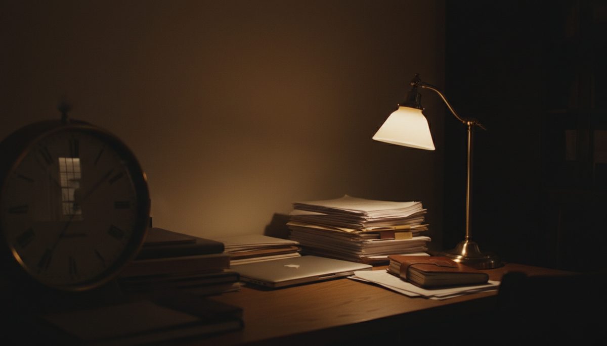 A dim back office at night, one lamp on, an unattended desk